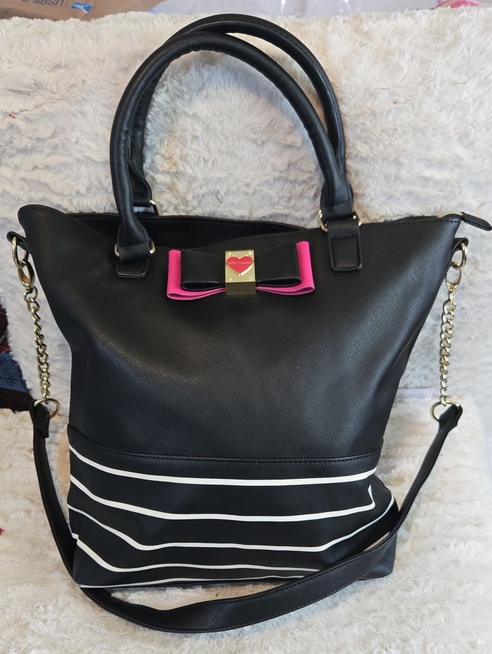 Betsey Johnson Black Tote with Pink Bow Accent LIKE NEW